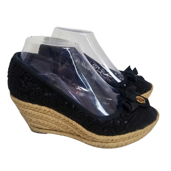 Tory Burch Shoes - Tory Burch Black Lace Espadrille Wedge Heels Size 8 Peep Toe Platform Sandals